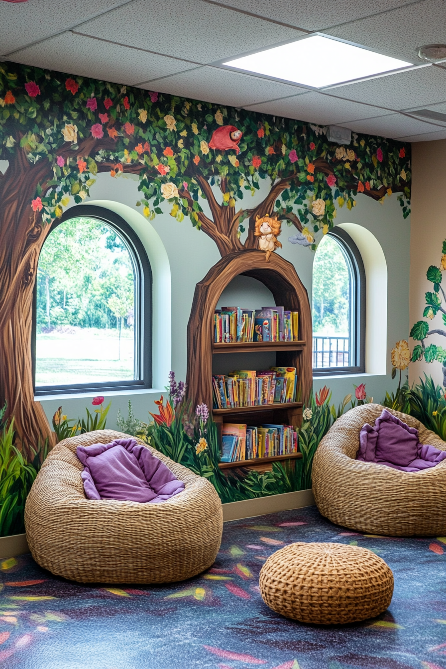Community Learning Space. Reading nook with fairytale murals and comfy woven beanbag seats.