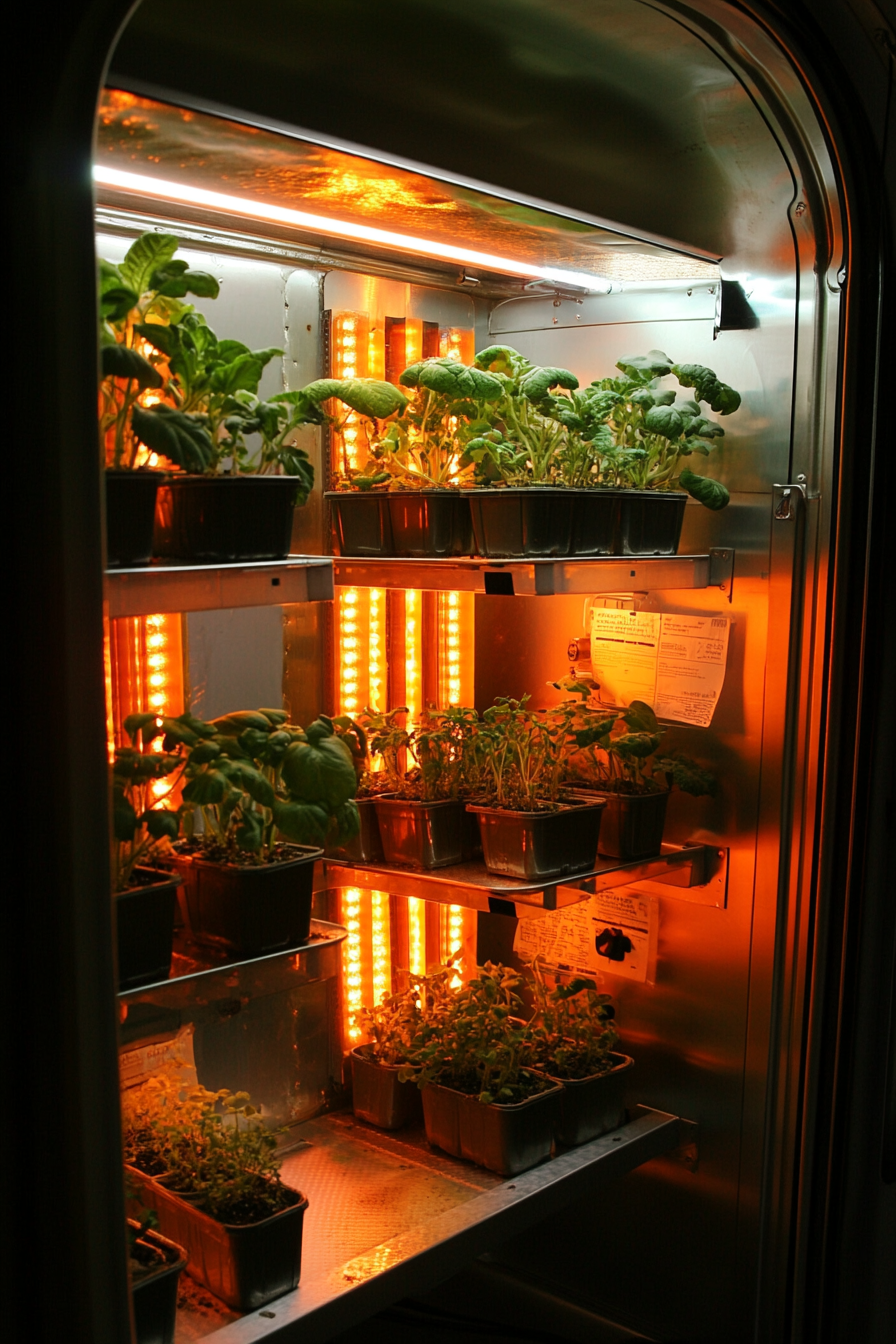 Research Mobile Space. Hydroponic greenhouses accented with neon bio-lights.