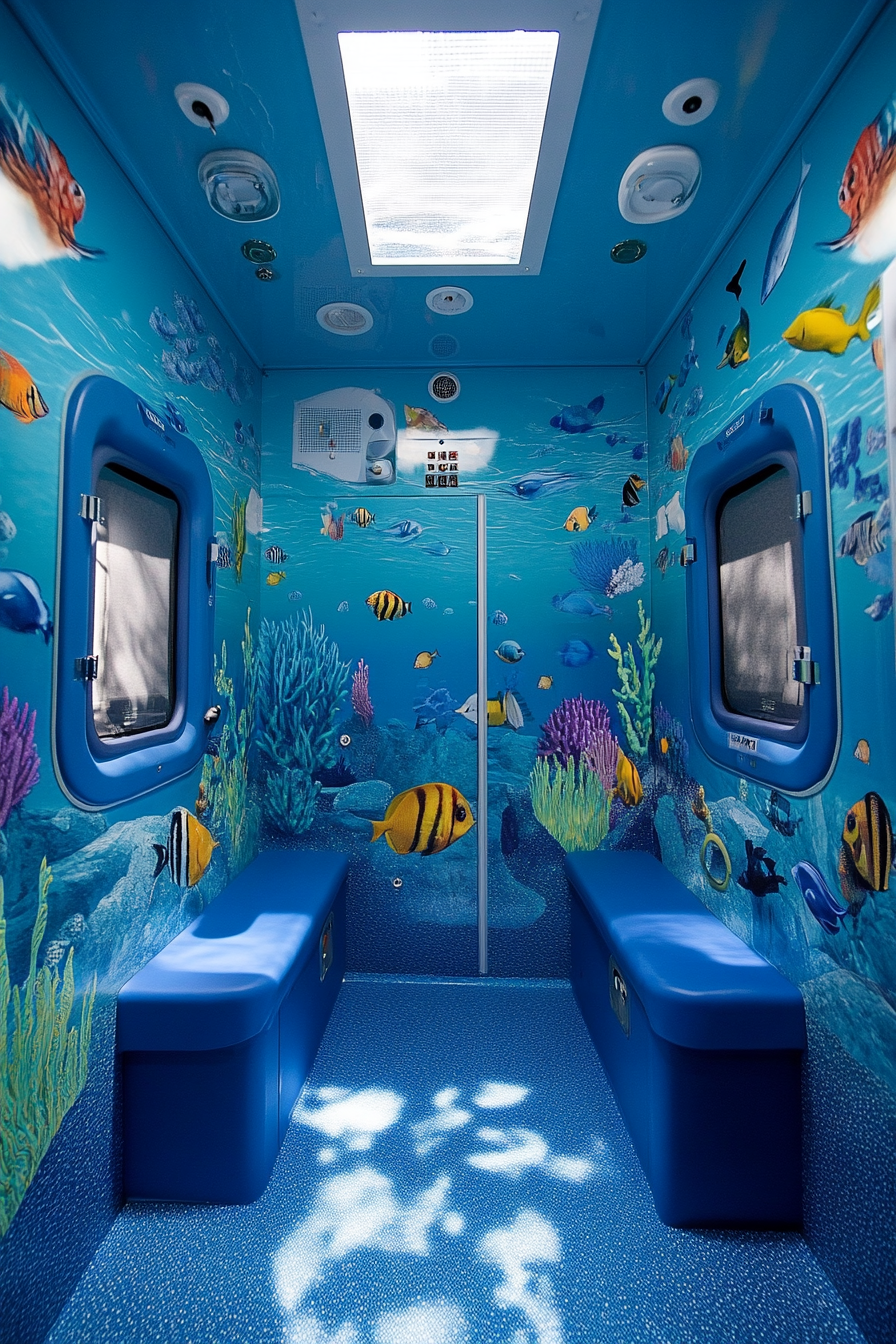 Mobile studio space. Compact recording booth with ocean-themed murals.