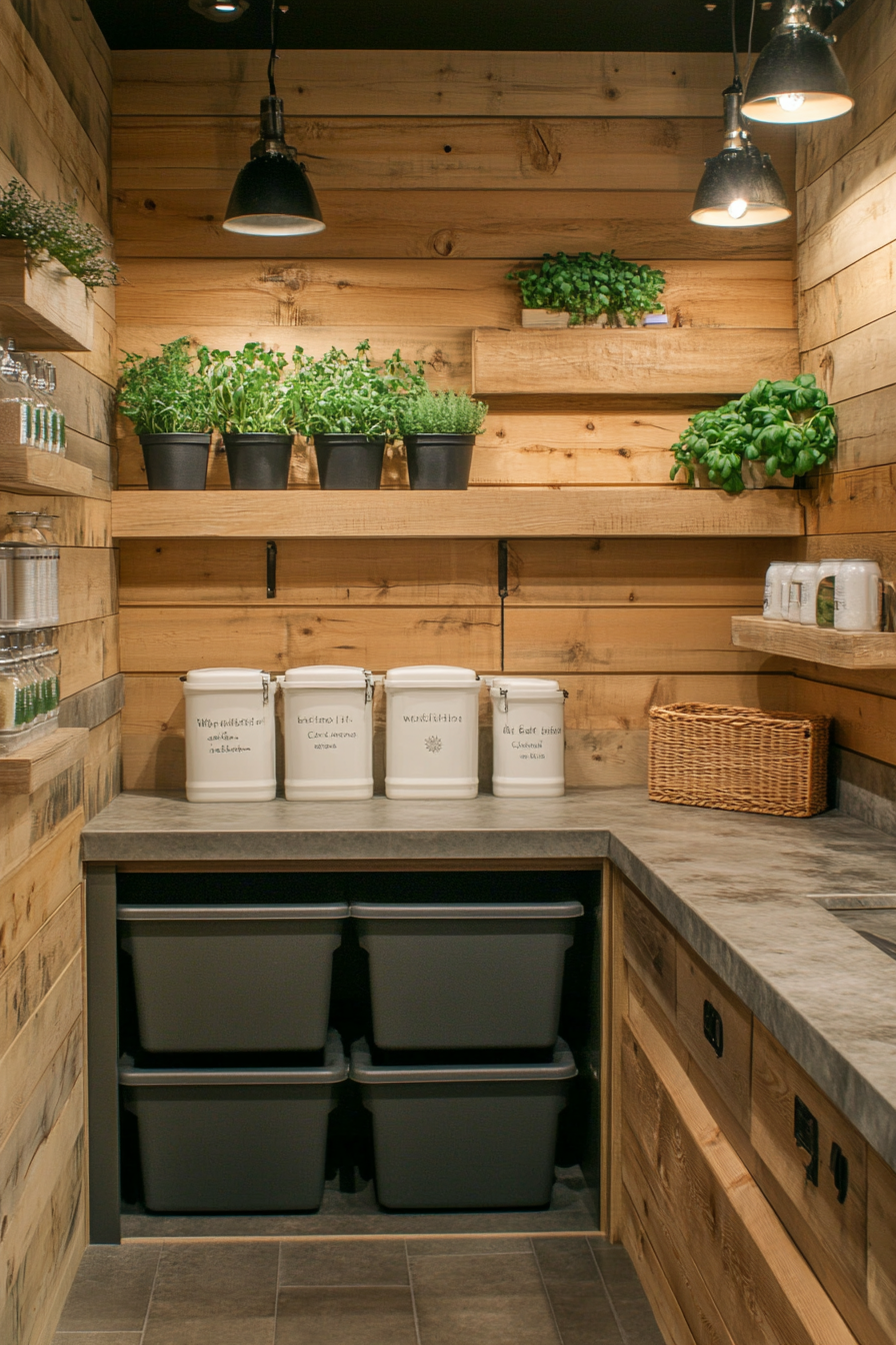 Community cooking space. Stone countertops, bulk storage bins, wall-mounted herb planters, and hanging compost bins.