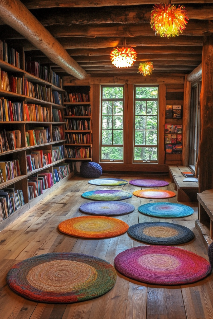 Community Learning Space. Rustic wooden floor with colorful round rugs and book-loaded shelves.