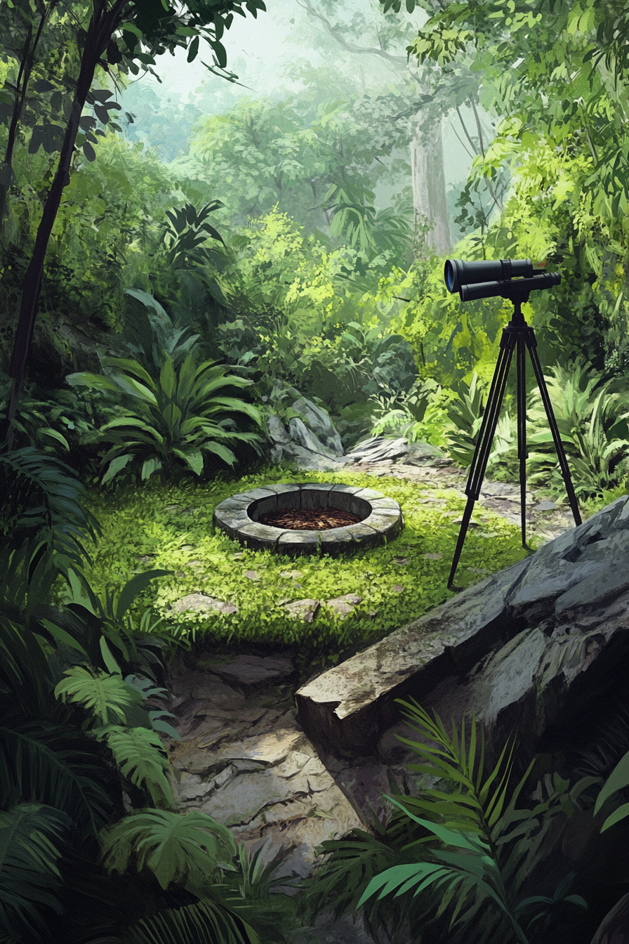 Jungle clearing space. Green raised platform, circled stone fire pit, binoculars on tripod.