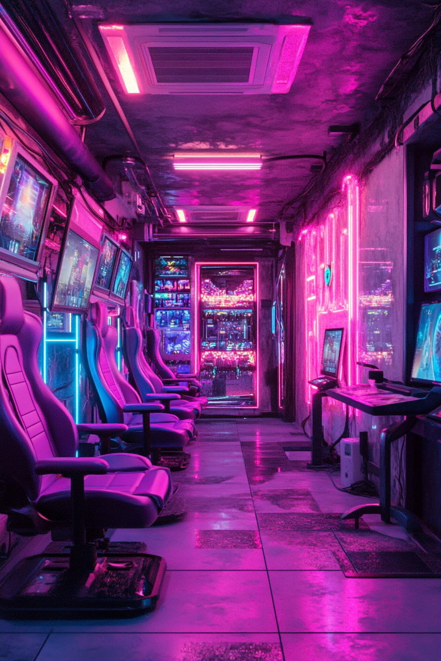 Social gaming space. VR zone with neon lights and futuristic chairs.