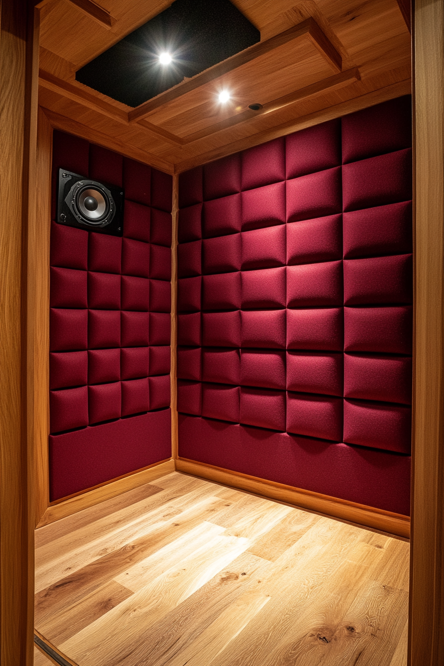 Mobile Recording Space. Soundproof booth fitted with burgundy acoustic panels.
