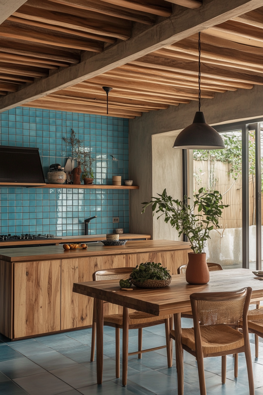 Community living space. Wood-furnished kitchen with retro blue tiles.