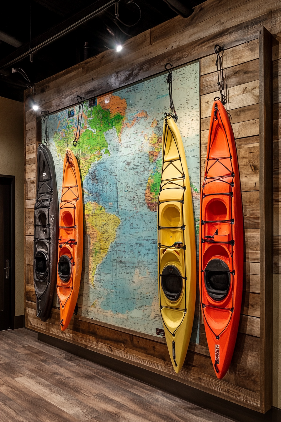 Water adventure space. Wall-mounted kayak racks next to a detailed trip mapping board.