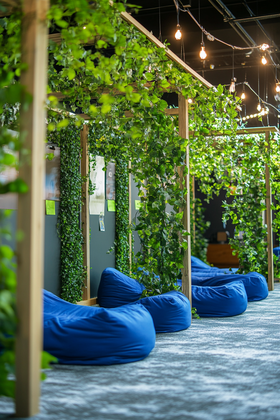 Event support space. Ivy covered trellis, cylindrical charging stations, blue bean bag chill zone, wooden community board.