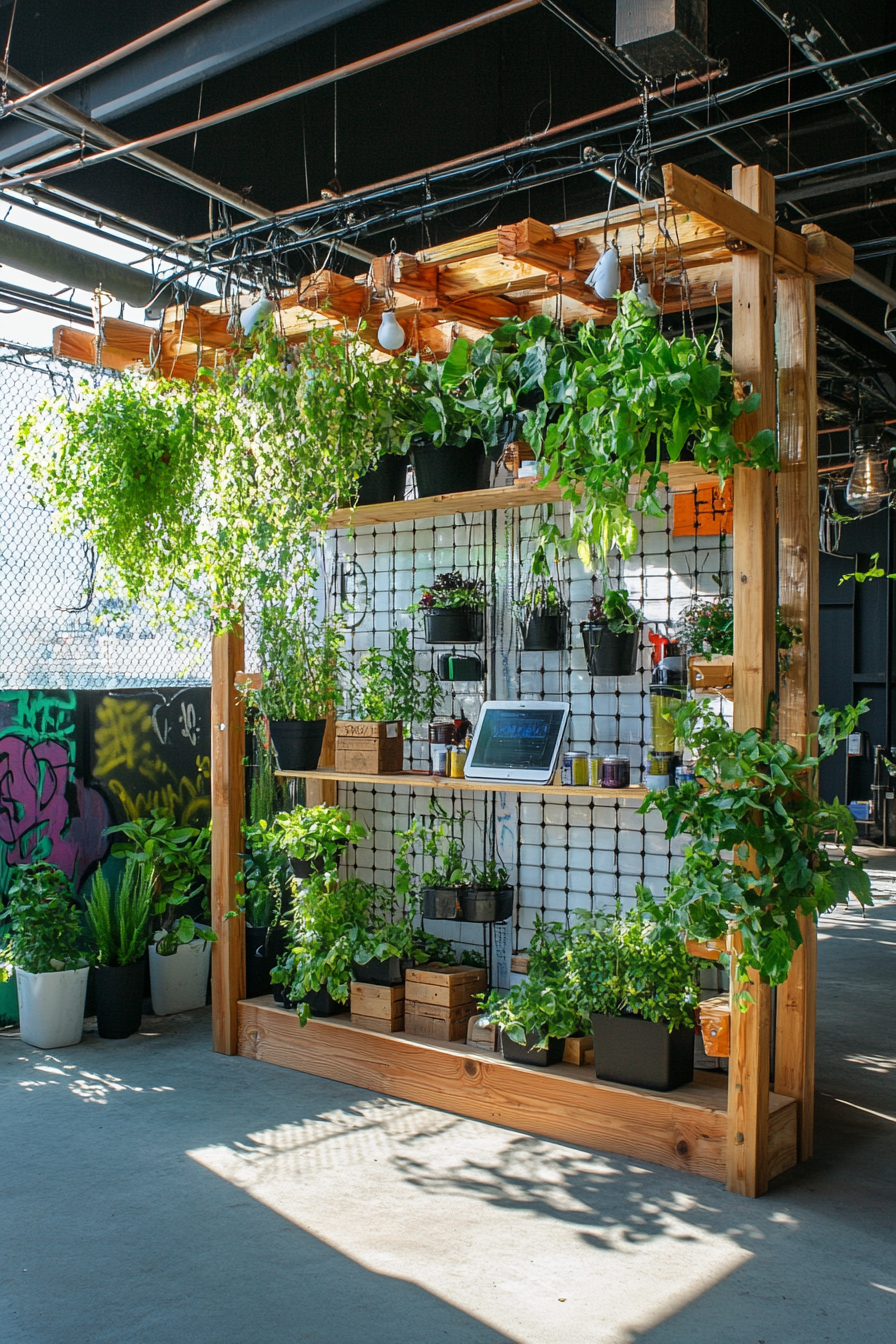 Event support space. Solar-powered charging station with hanging plants and graffiti wall.