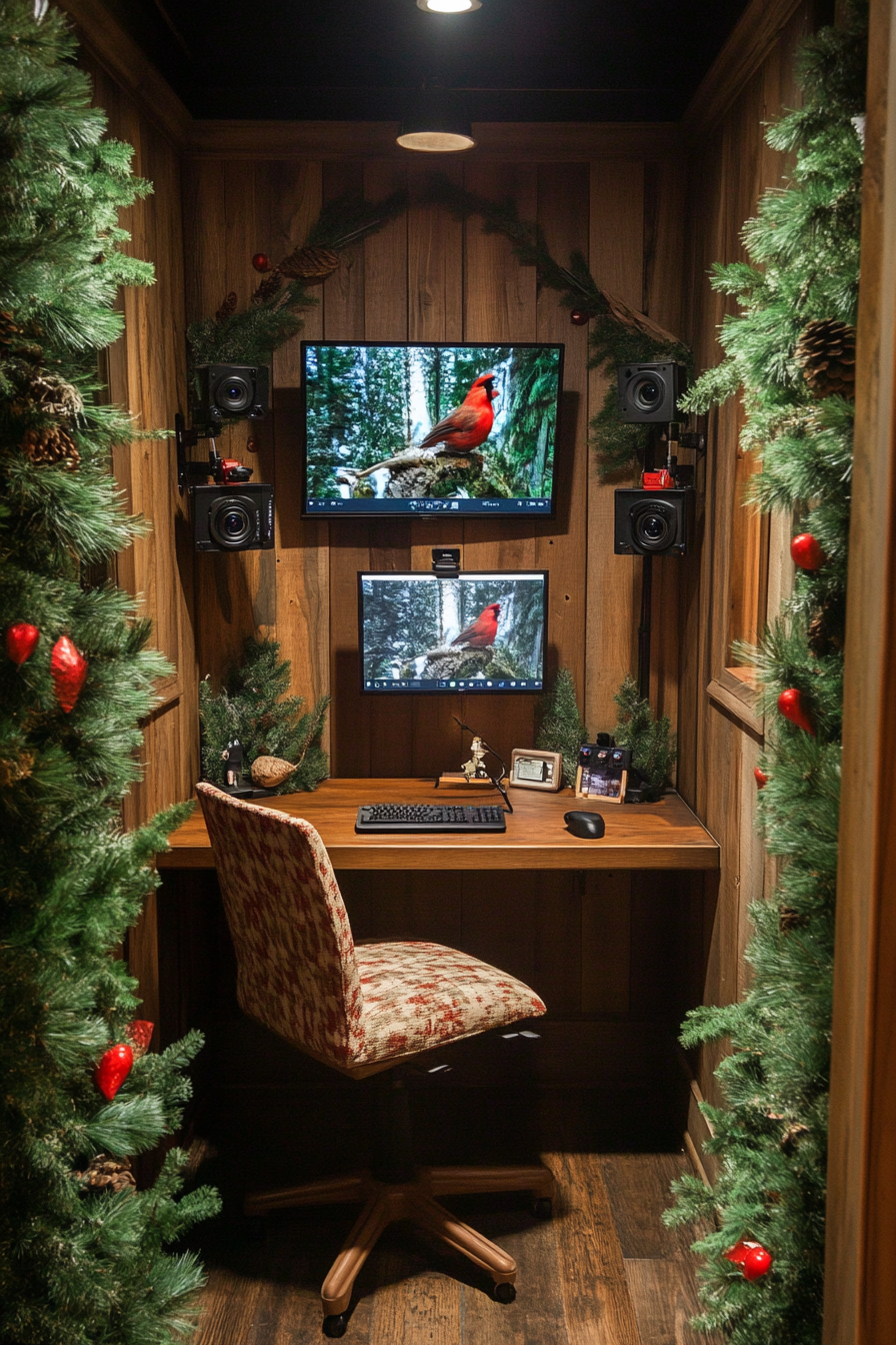 Observation space. Evergreen trees, camera mounts, cardinals, camouflage blind, wooden editing desk.