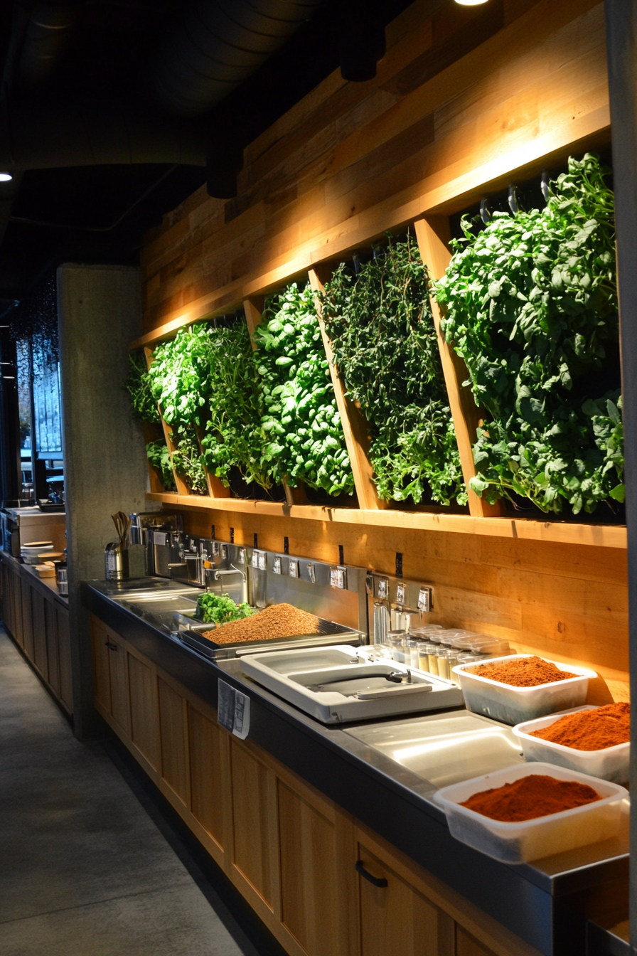 Community cooking space. Herb wall with bulk spice storage and central composting system.