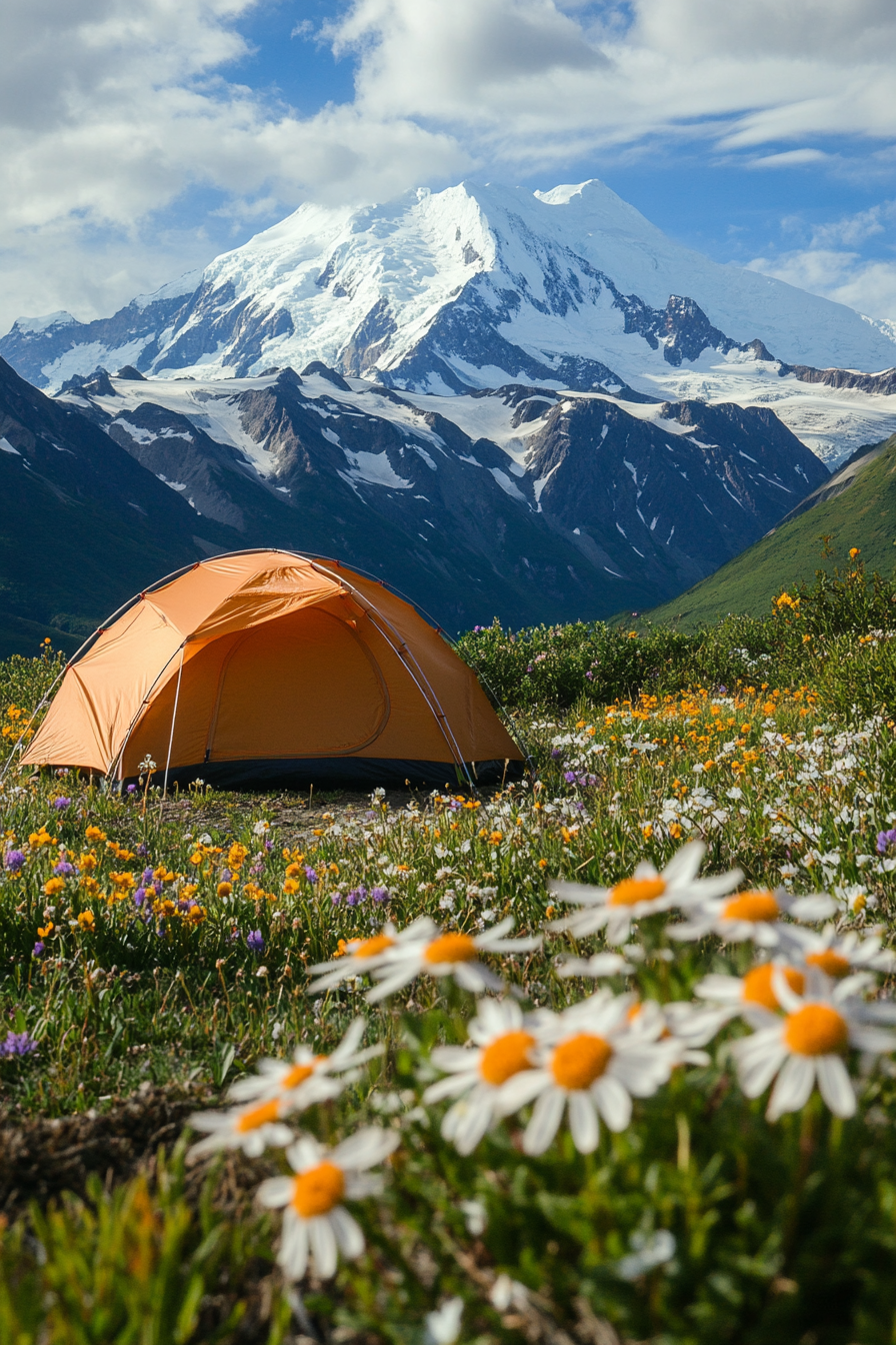 Highland site. Heather wildflowers, wind-protected tent pad, snow-capped peak view.