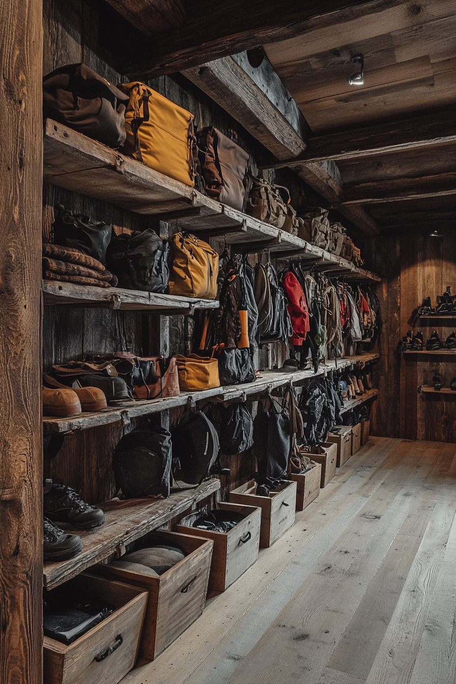 Mountain community space. Rustic wooden gear storage with hanging shelves.