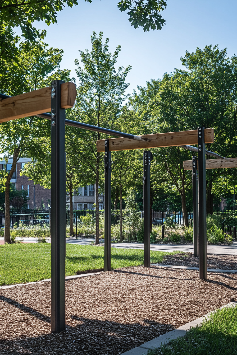 Fitness Community Space. Park-side outdoor gym with steel pull-up bars.