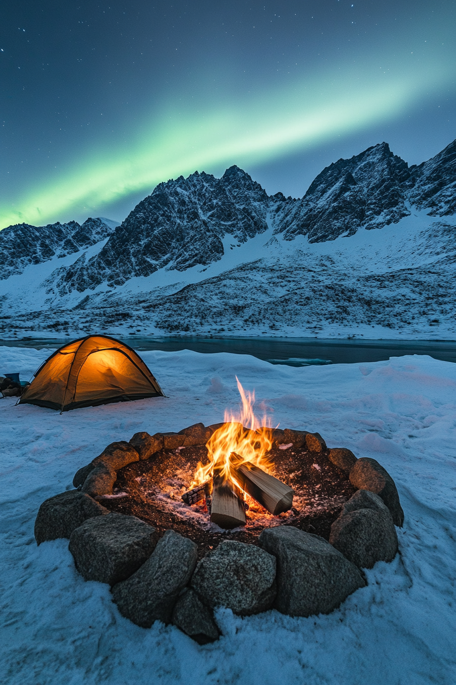 High Alpine site. Wind-protected fire pit near south-facing rocky peak with aurora viewing tent.