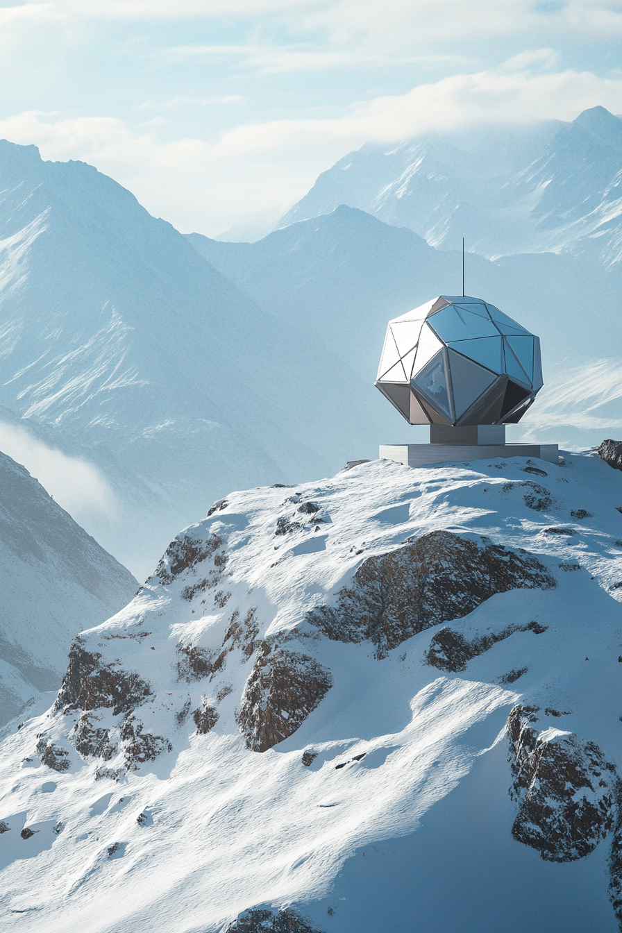 Alpine mobile space. Polyhedral drone launchpad on a snow-covered mountain ridge.