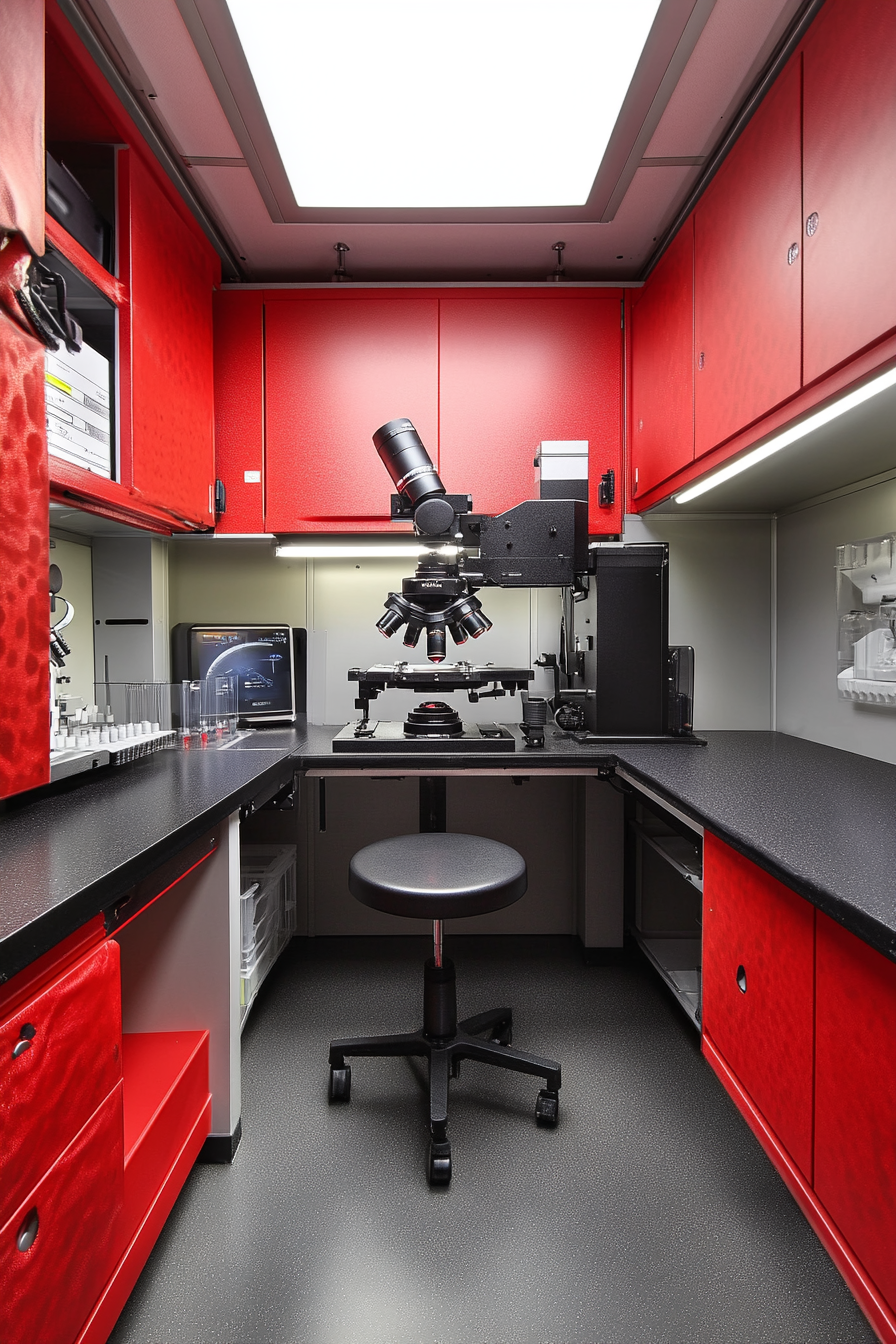 Mobile research space. Microscope station with scarlet dustproof covers and wide-field eyepieces.