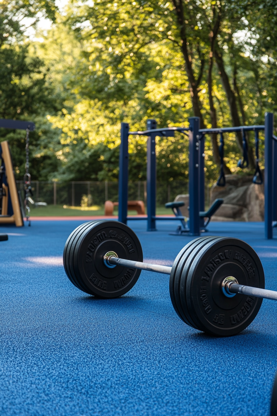 Community fitness space. Outdoor gym with blue pavement and rust-resistant weightlifting set.