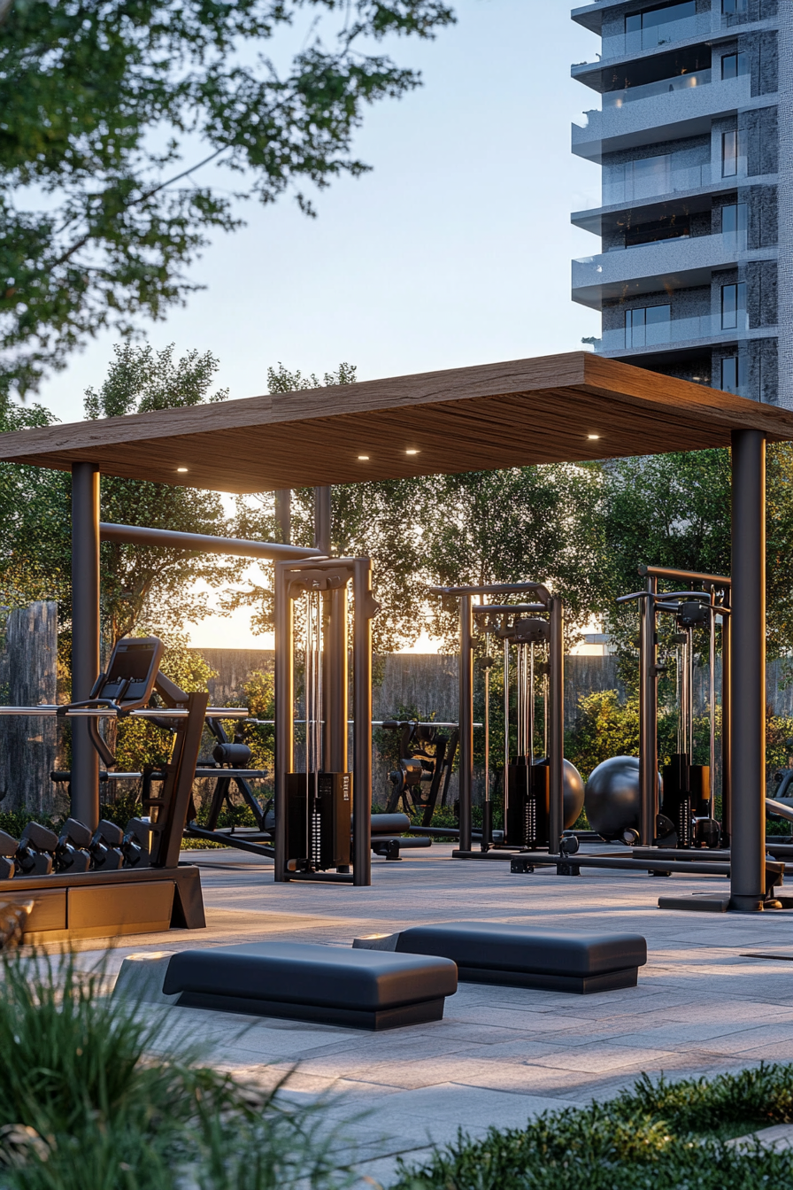 Fitness Community Space. Open-concept outdoor gym with high-end equipment and resistance bands.