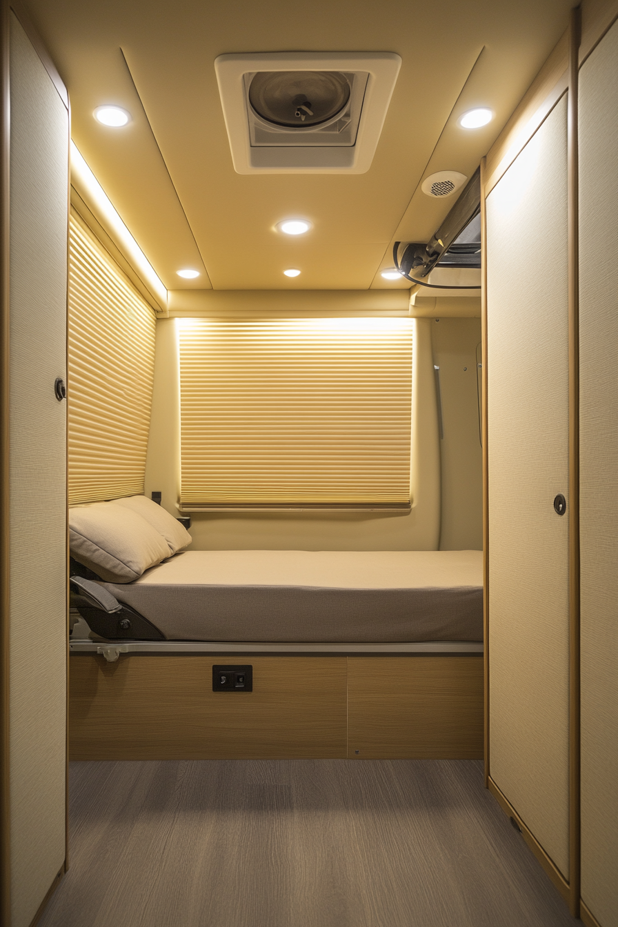 Therapy van space. Adjustable blinds, neutral beige palette, textile soundproof panels.