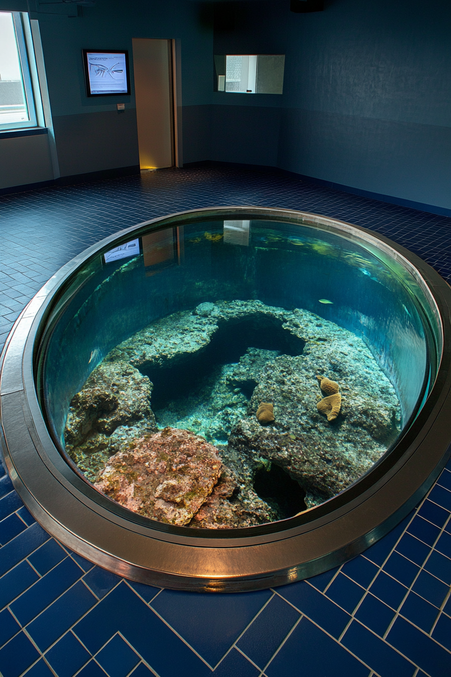 Coastal Research Space. Large, circular, glass observation tank embedded in blue-tiled floor.