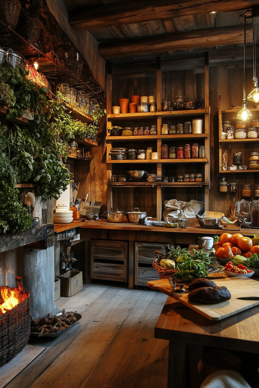 Social Cooking Space. Herb green pots wall, oak preparation stations, cozy fire-lit story corner.