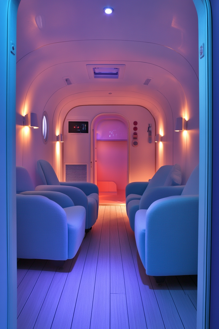 Therapy Van Space. Lavender-scented, soundproof cabin with pastel-blue comfortable armchairs.