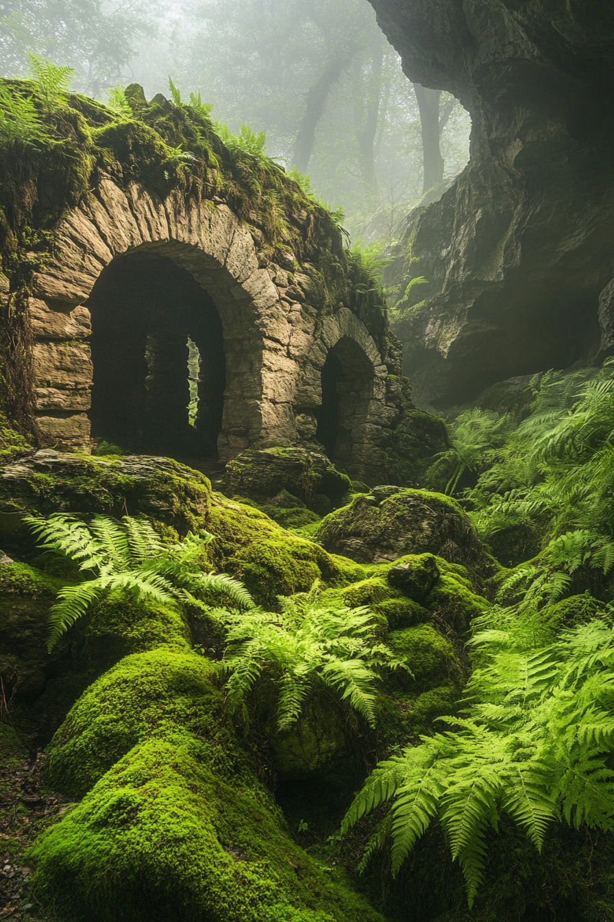 Mountain wellness space. Stone meditation caves surrounded by verdant ferns.