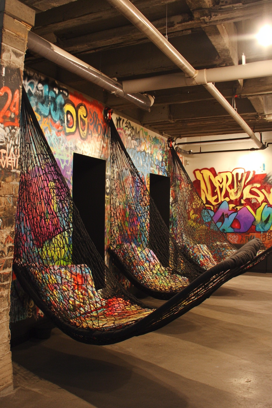 Community space. Graffiti-adorned studio pods with large net hammocks.