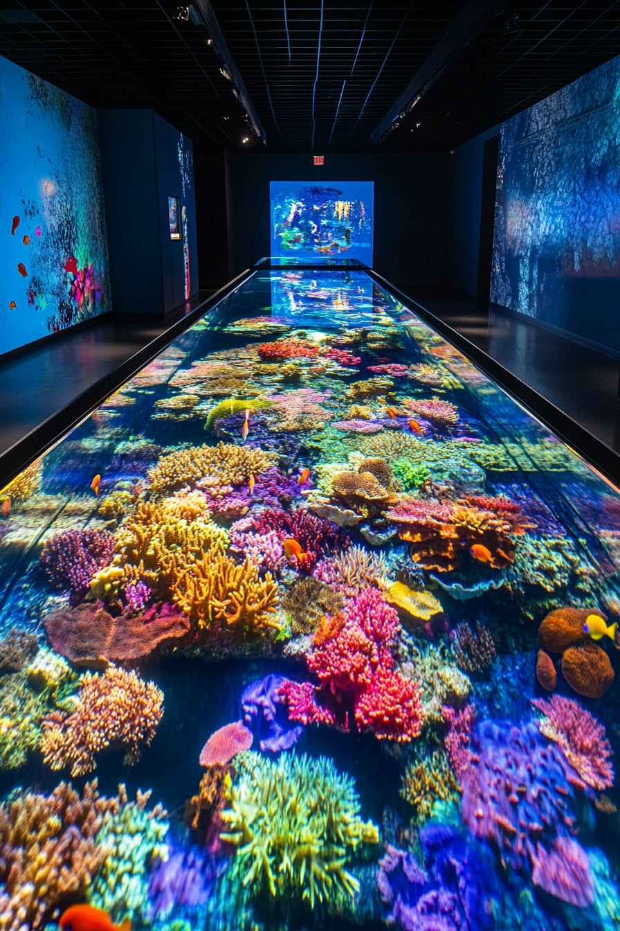 Coastal Research Space. Underwater observation tank with multicolored fish and coral.