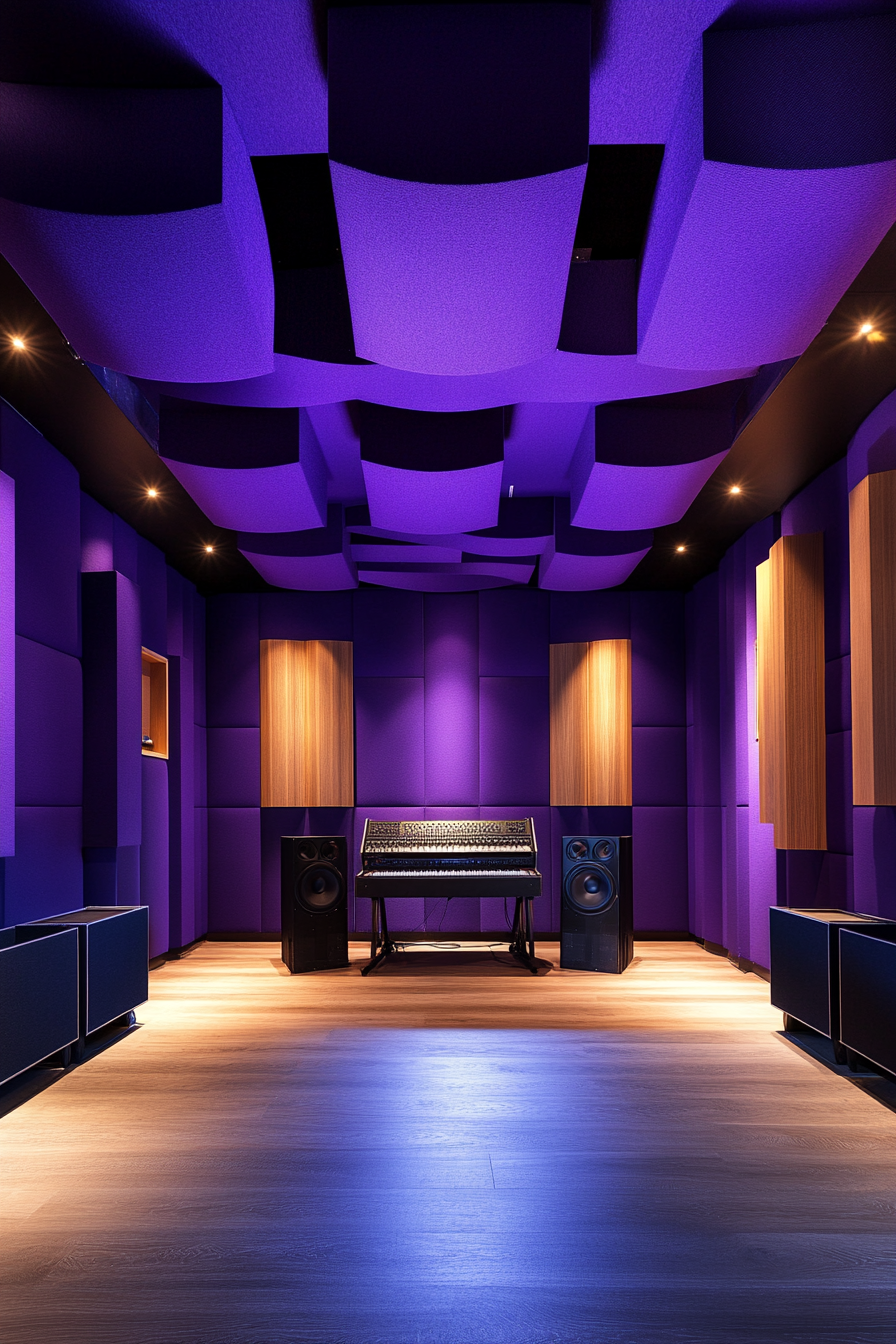 Mobile Studio Space. Acoustic treatment panels in deep purple hue.