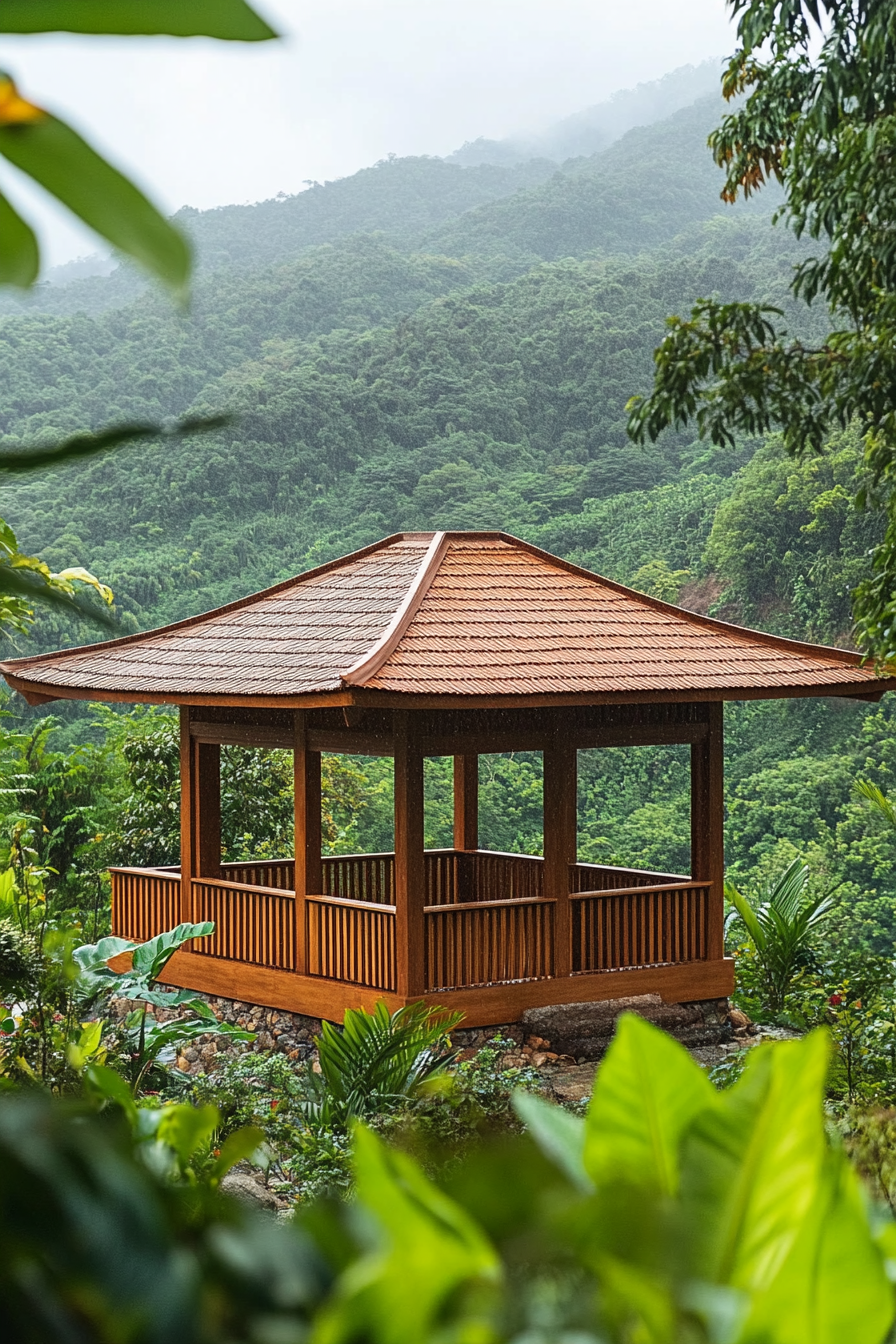 Wellness Space. Wooden prayer pavilion nestled in the lush mountainside.