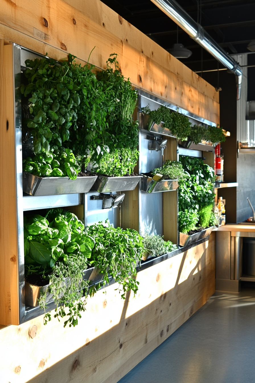 Community cooking space. Herb wall with sustainable bulk storage and affixed composting system.