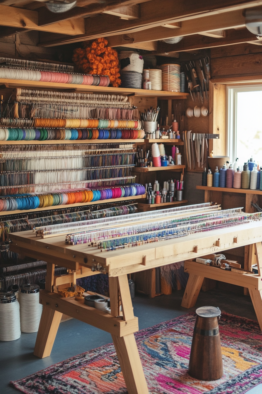 Creative craft space. Wooden loom storage, colorful thread library, polished workshop table.