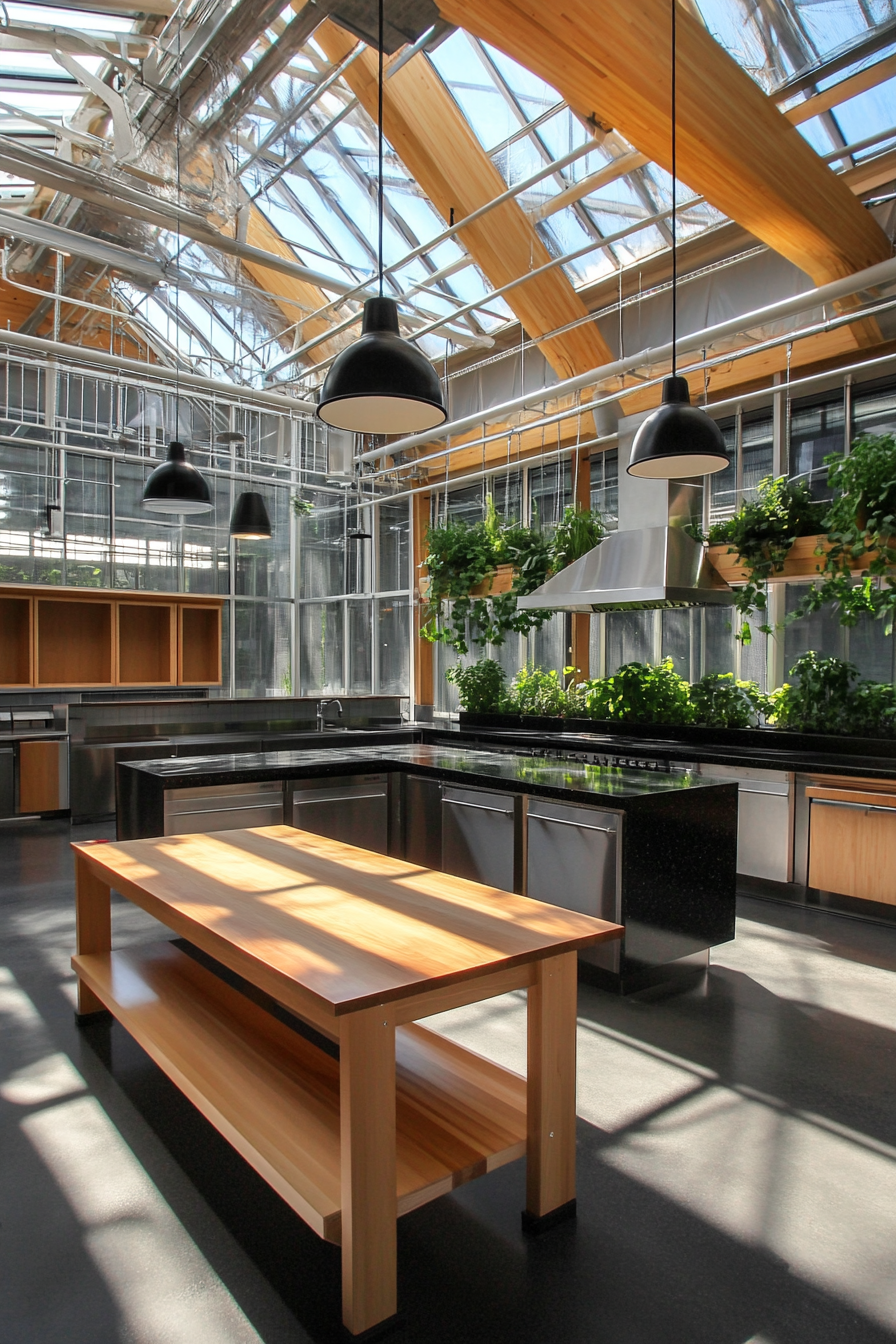 Community living space. Greenhouse kitchen with hardwood tables and black granite countertops.