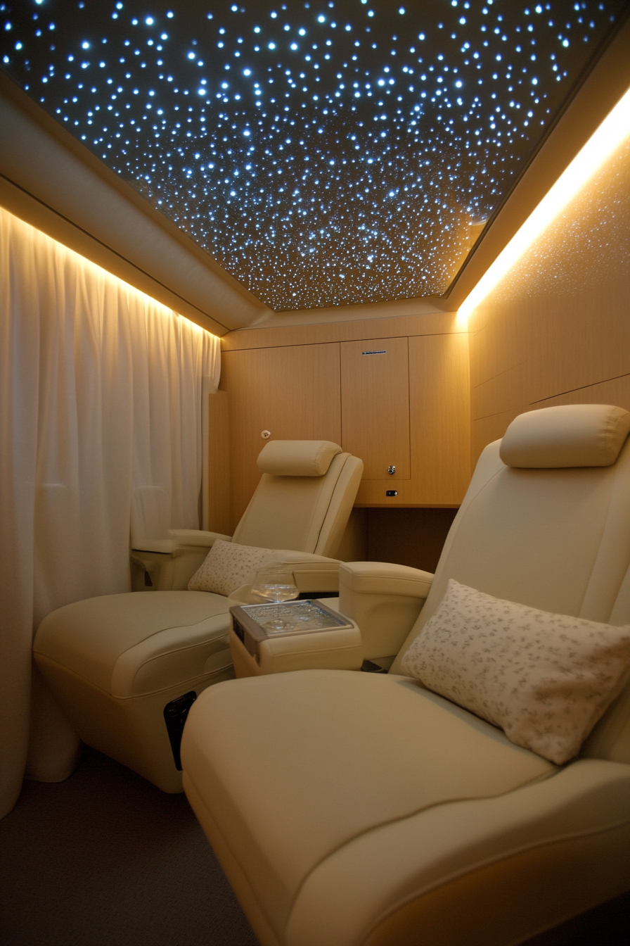 Therapy van space. Soft lighting, beige leather seating, fiber optic stars ceiling.