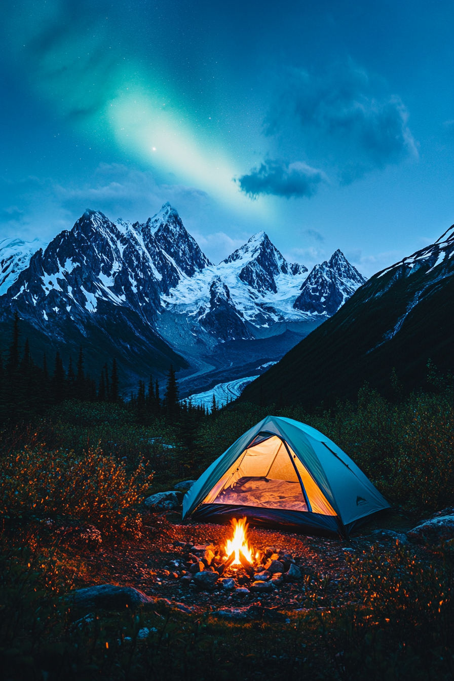 High Alpine site. North-facing aurora viewing tent near fire pit, overlooked by snow-capped peaks.