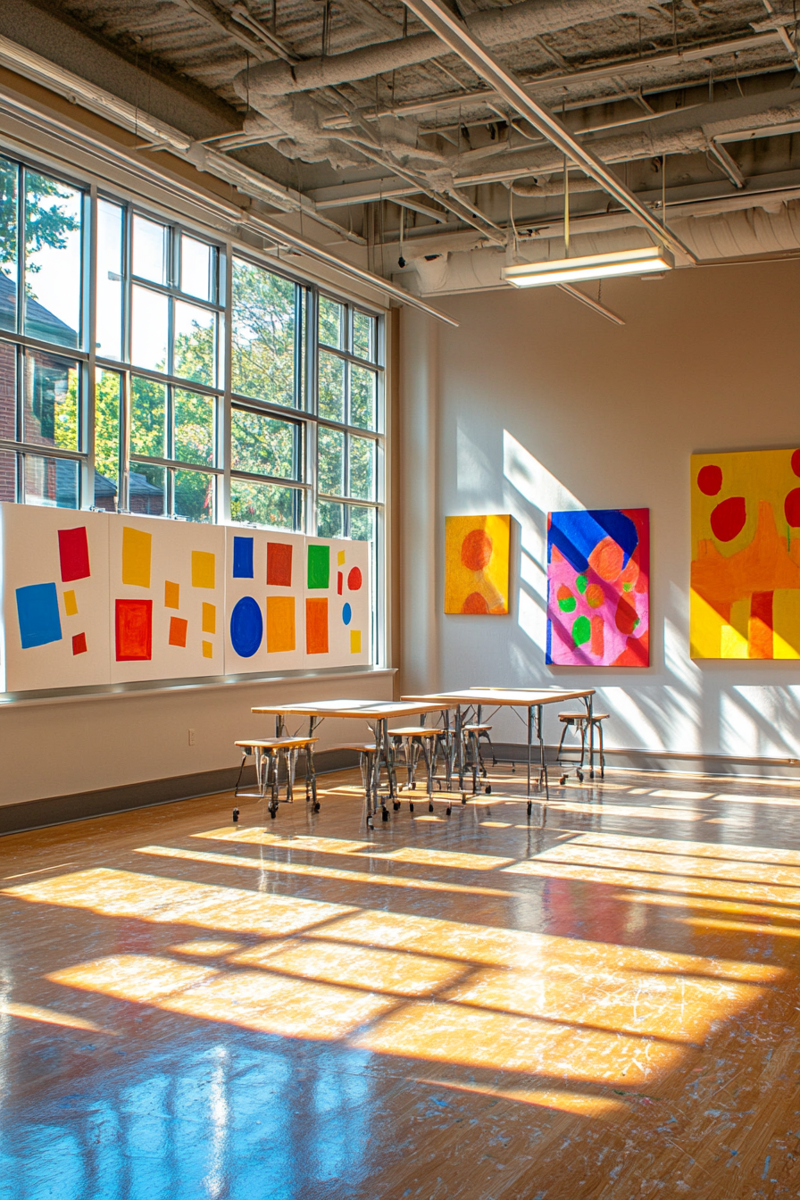 Community Learning Space. Sunlit art center with bright primary colored canvases.