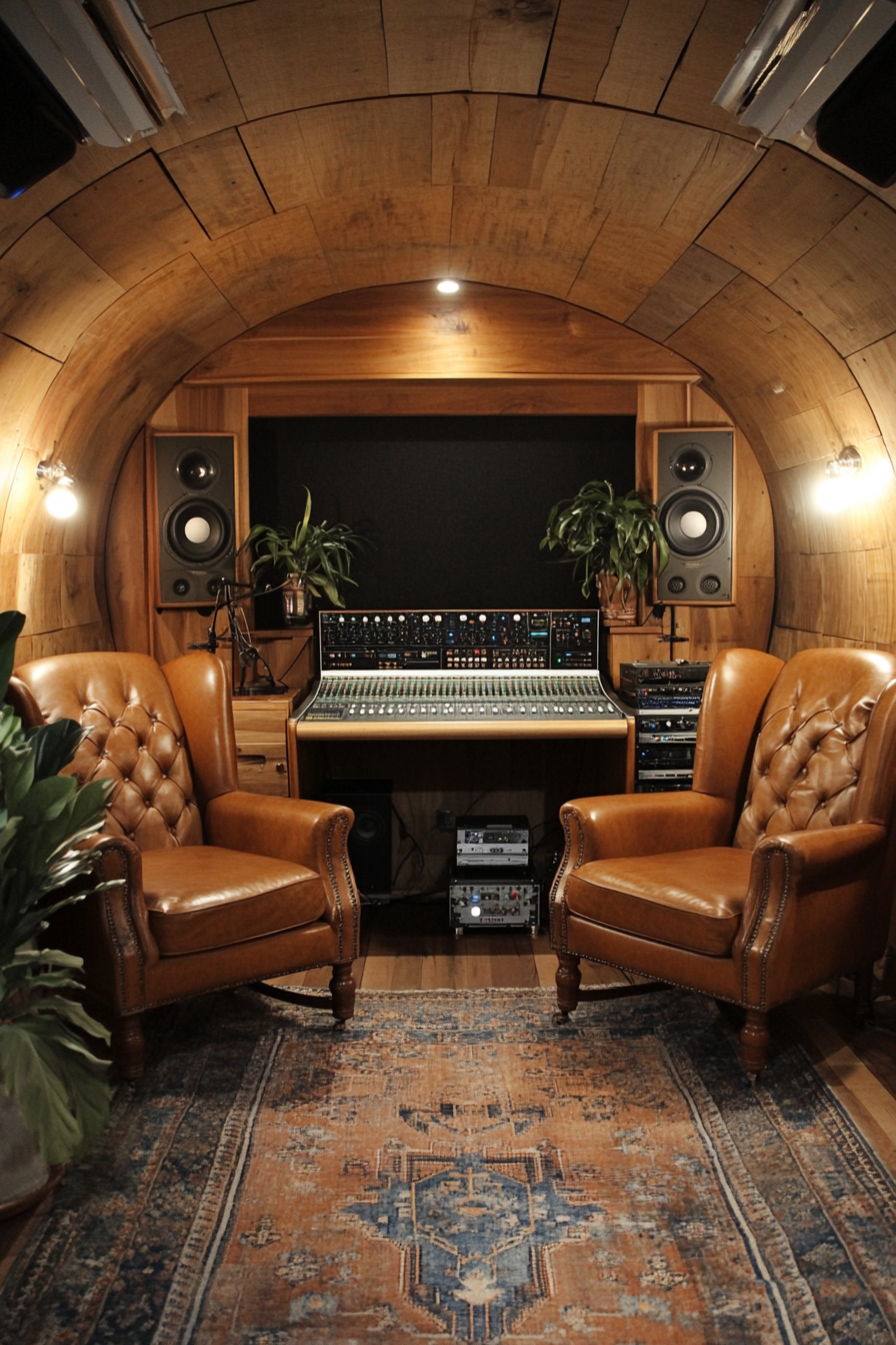 Mobile Recording Space. Leather armchairs with potted plants, soundproof capsule booth, well-lit work desk.