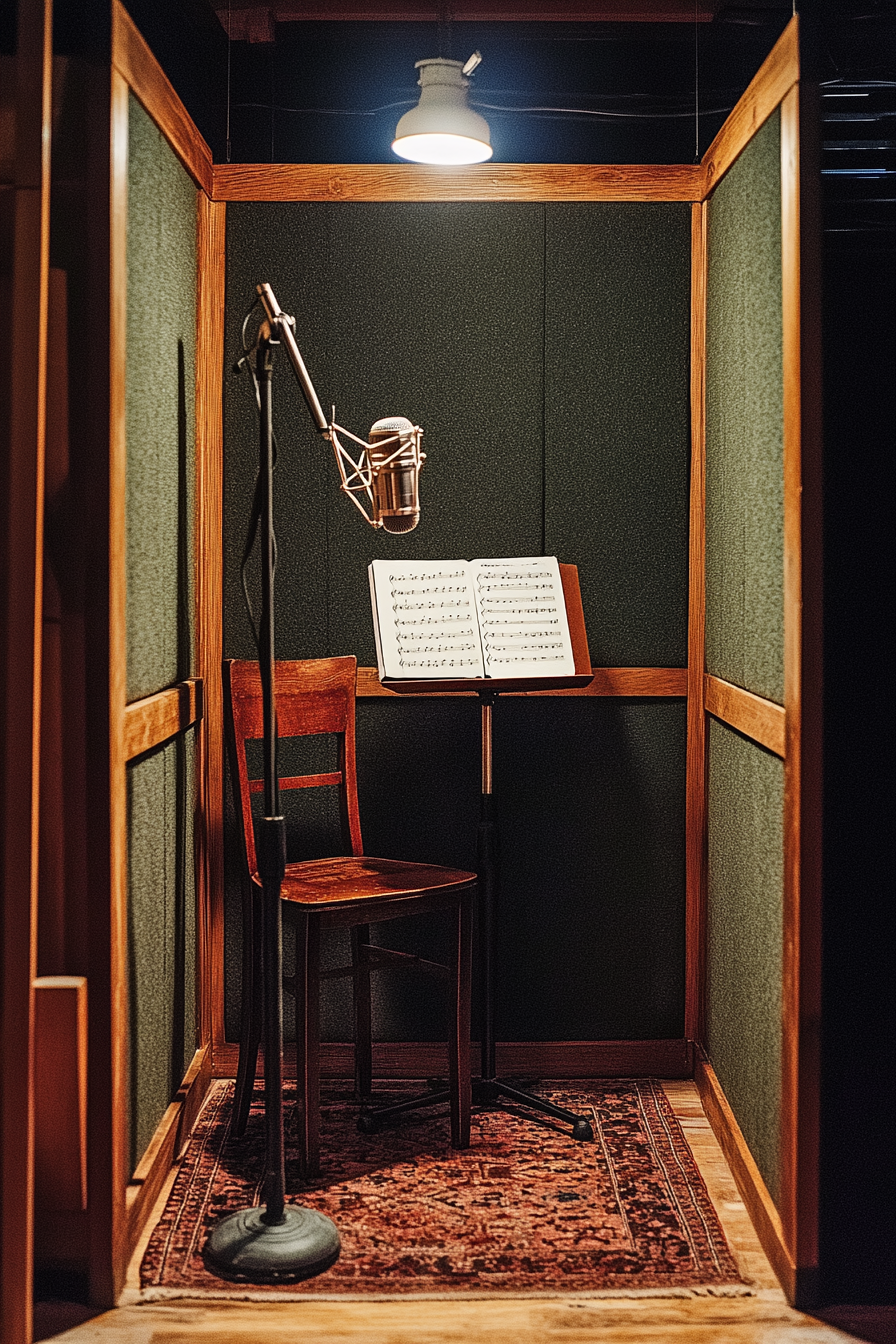 Mobile recording space. Soundproof booth with vintage microphone, chair, and sheet music stand.