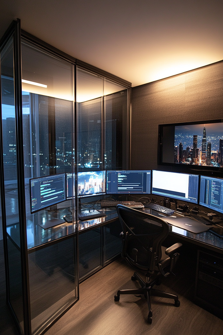 Creative mobile space. Sleek glass-wall editing bay with multi-monitor setup.
