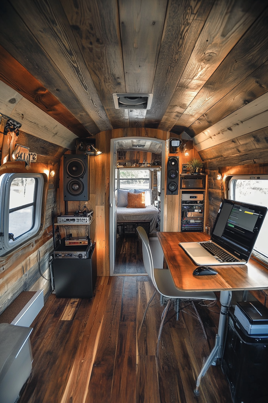 Creative Mobile Space. Compact editing bay with vintage wood paneling.