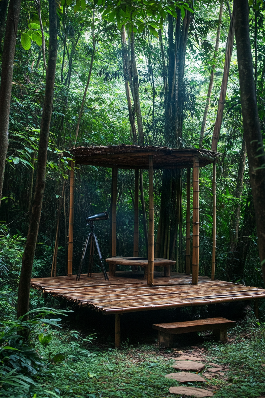 Jungle clearing. Elevated bamboo platform, covered fire-pit, viewing telescope directed at wildlife.