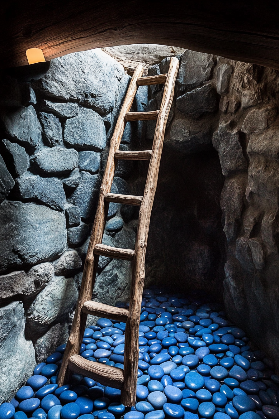 Mountain wellness space. Wooden ladder leading into meditation cave with blue pebble floor.