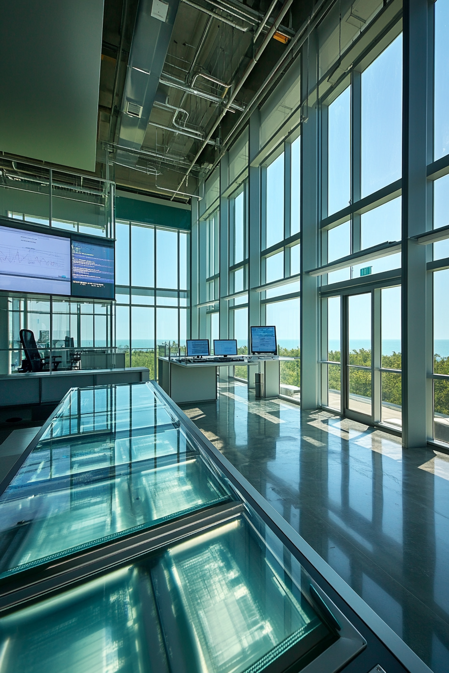 Coastal analysis space. Weather report center with high-tech monitoring equipment and glass viewing deck.