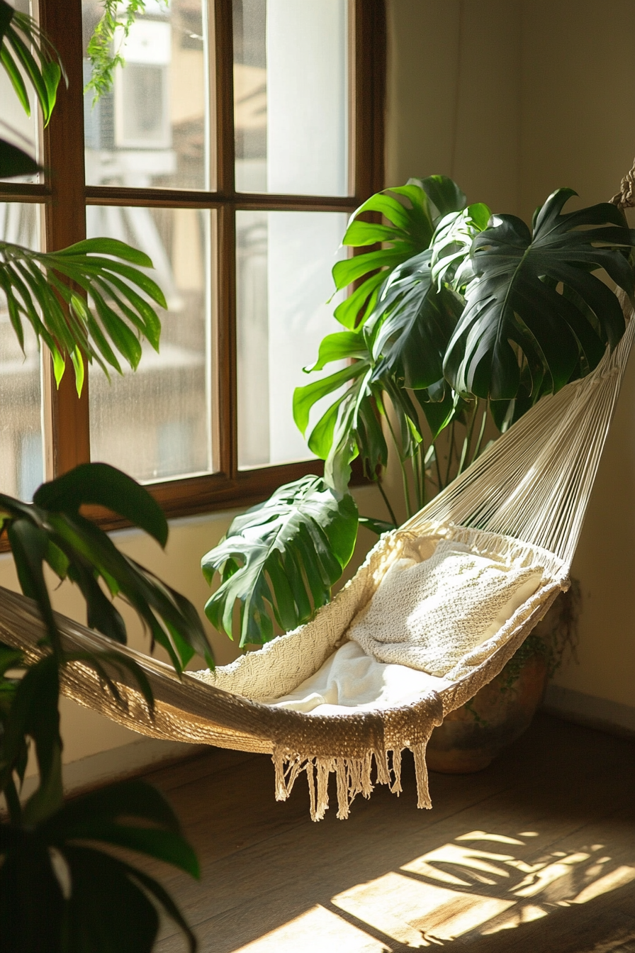 Wellness escape space. Indoor hanging hammock beside monstera plant.