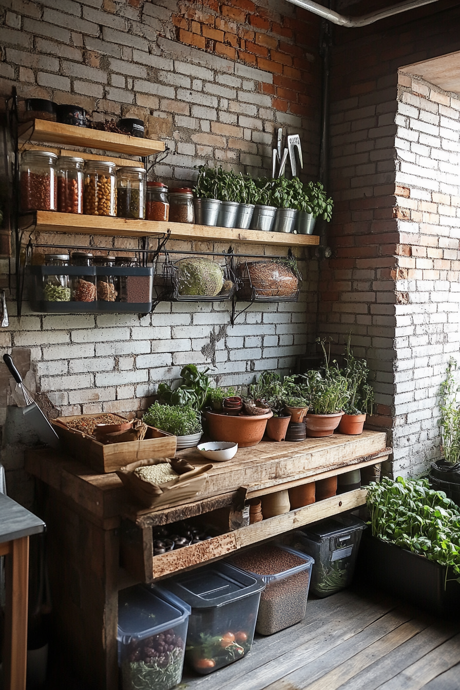 Community cooking space. Clay brick walls, herb rack, bulk storage containers, compost bin.