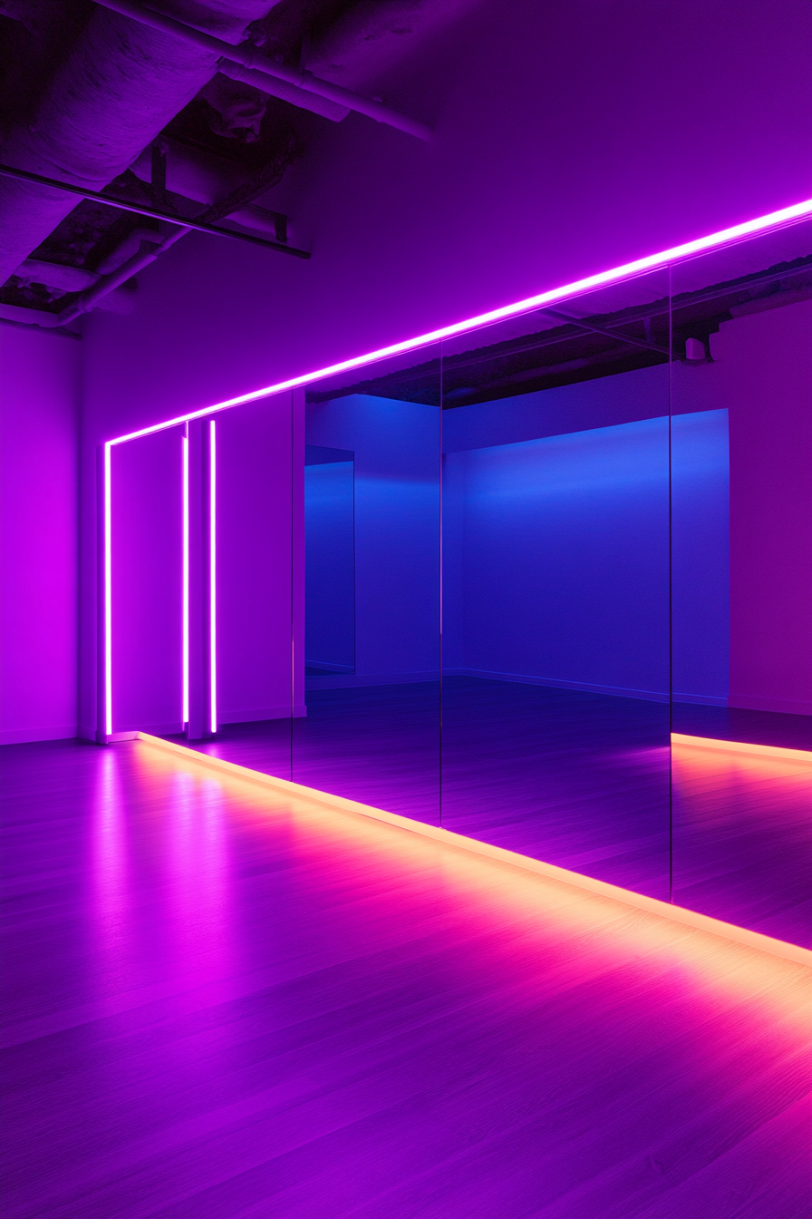 Movement practice space. Mirror wall surrounded by bright purple LED accent lighting.