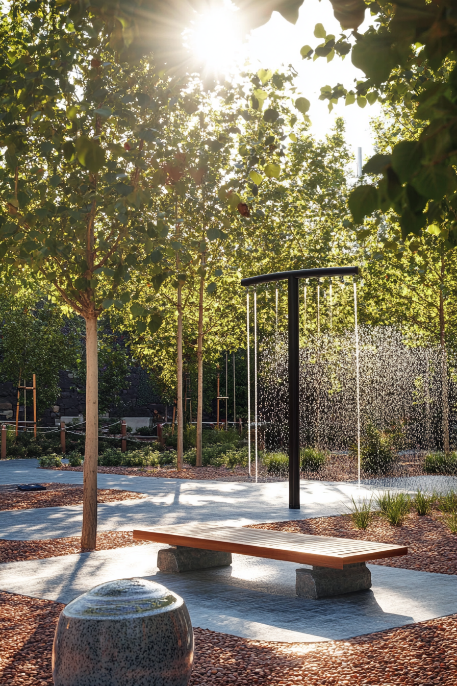 Fitness community space. Tree-shaded bench press, pull-up bars and water fountain.