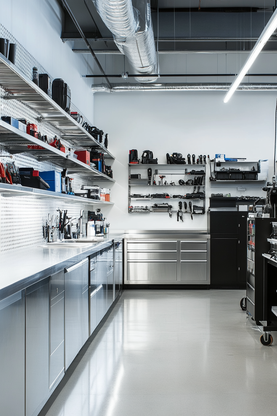 Technical Support Space. Steel tool wall, single-row wash station, organized parts inventory shelf.