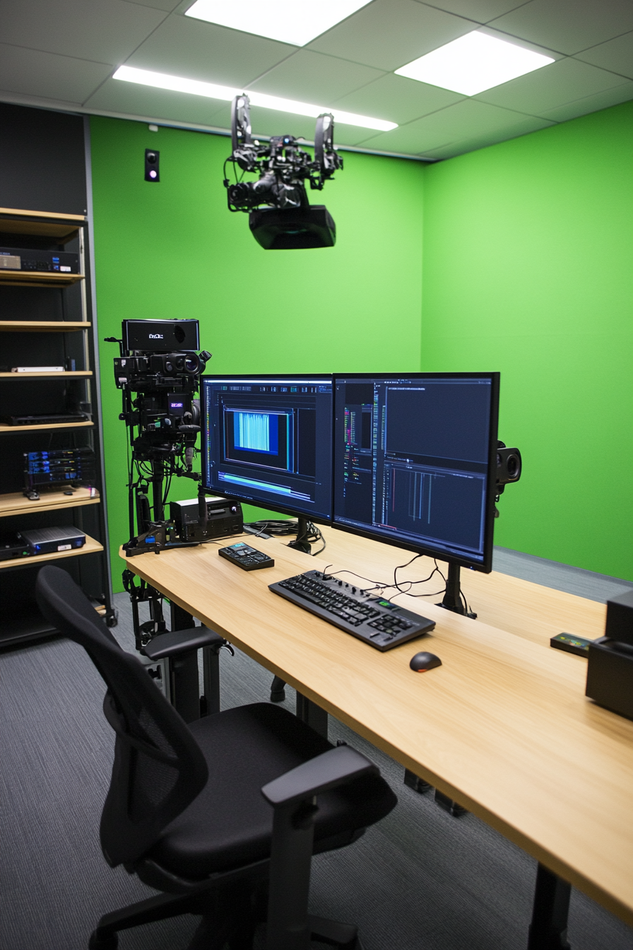 Learning space. Wood tables, green-screen backdrop, advanced multimedia editing equipment on shelves.